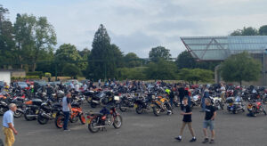 Motorbikes and scooters outside the National Motor Museum
